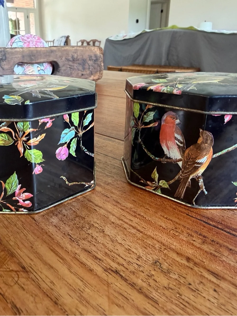 Vintage Octagonal Black Bird Trinket Box - Pair England Tea Tins